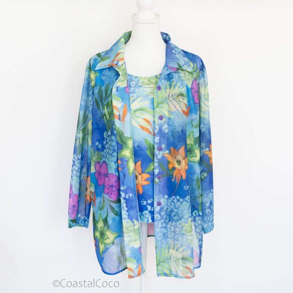 Cervelle 1X Women’s 2-Piece Top Set Tank & Sheer Blouse Tropical Resort Cruise - Picture 1 of 13